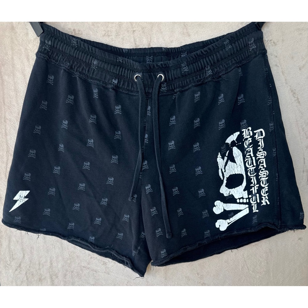 Beautiful Disaster Black Skull Print Lounge Shorts Raw Hem Size C1X
